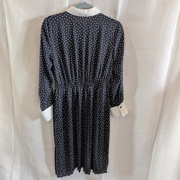 Zara Polka Dot Pleated Dress Navy Blue White Collar Cuffs Size Small Retro - Picture 7 of 13